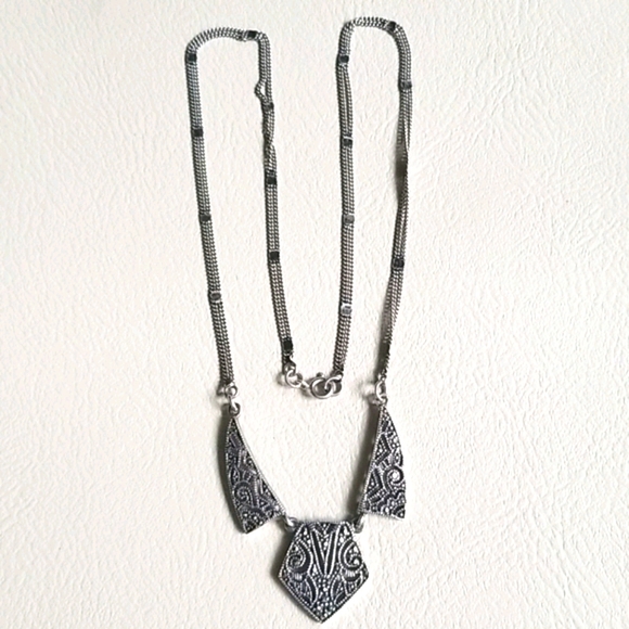 Vintage Art Deco 1920s Marcasite Sterling Silver Pendant Necklace - Picture 12 of 16